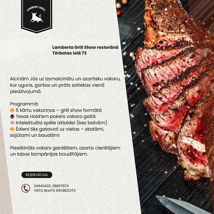 Rīgā izbaudām 5 kārtu vakariņas un prāta spēli «Lamberta Grill Show» restorānā 384577